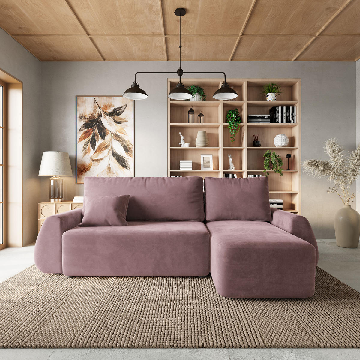 ECKSOFA GALVIS Lila Velours-Stoff mit Schlaffunktion - Lila, Holz (256/156cm) - MASSENO