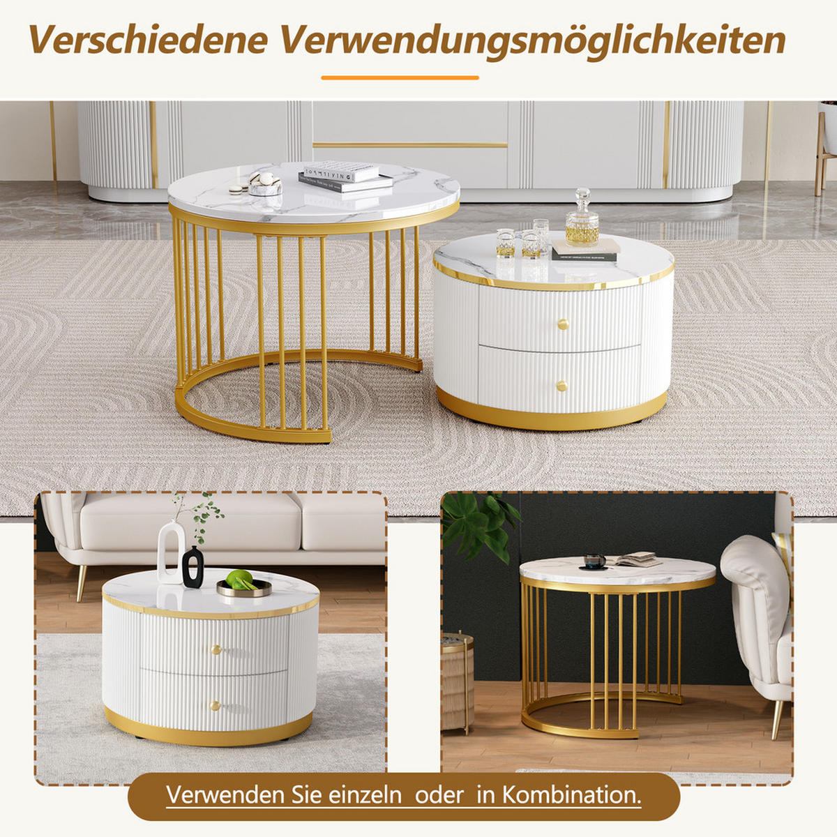 COUCHTISCH SET 2-TEILIG Nestform Hochglanz Marmoroptik 2 Schubladen Weiß - Weiß, Holz (68.58/68.58/38.99cm) - FLIEKS