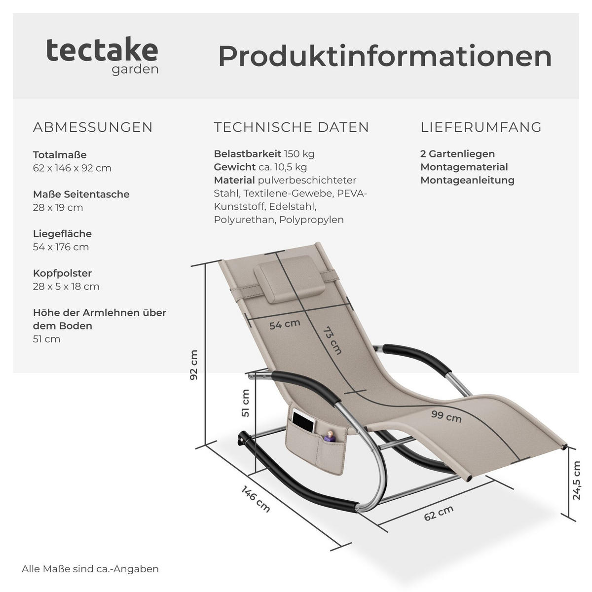 SONNENLIEGE Taya, abnehmbares Kopfpolster, seitliche Aufbewahrungstasche, beige - Beige, Kunststoff (62/92/142cm) - tectake