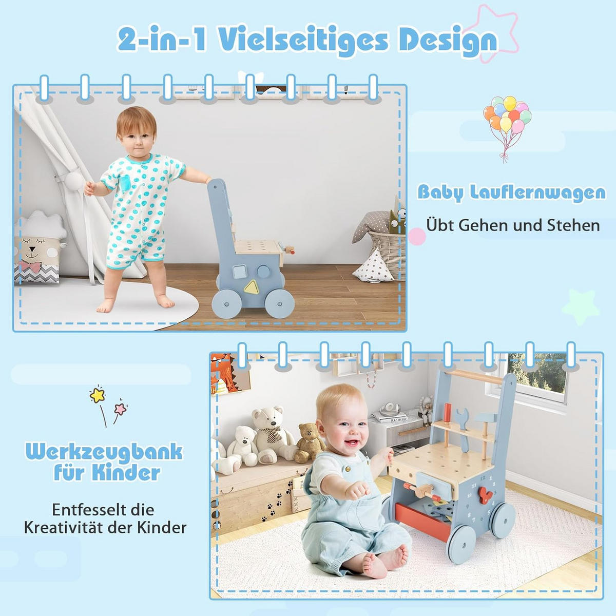 LAUFLERNWAGEN Blau - Blau, Holzwerkstoff (30/47/30cm) - COSTWAY