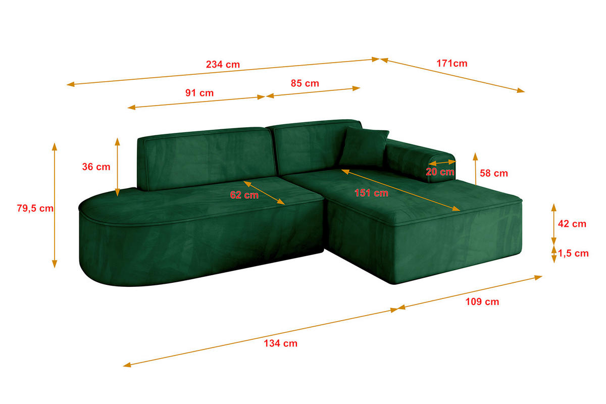 ECKSOFA Ottomane Rechts IREA-L1-v3 - 234x171x79 cm Grün - Grün, Holzwerkstoff/Textil (171/234cm) - ALTDECOR
