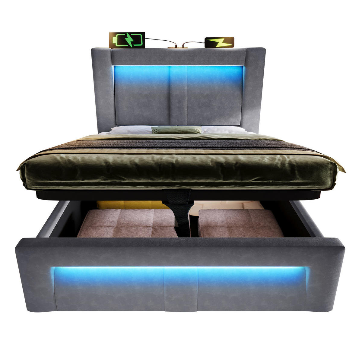 POLSTERBETT 90/200 cm Grau aus Samt mit Stauraum und LED mit Matratze - Grau, Textil (90/200cm) - OKWISH