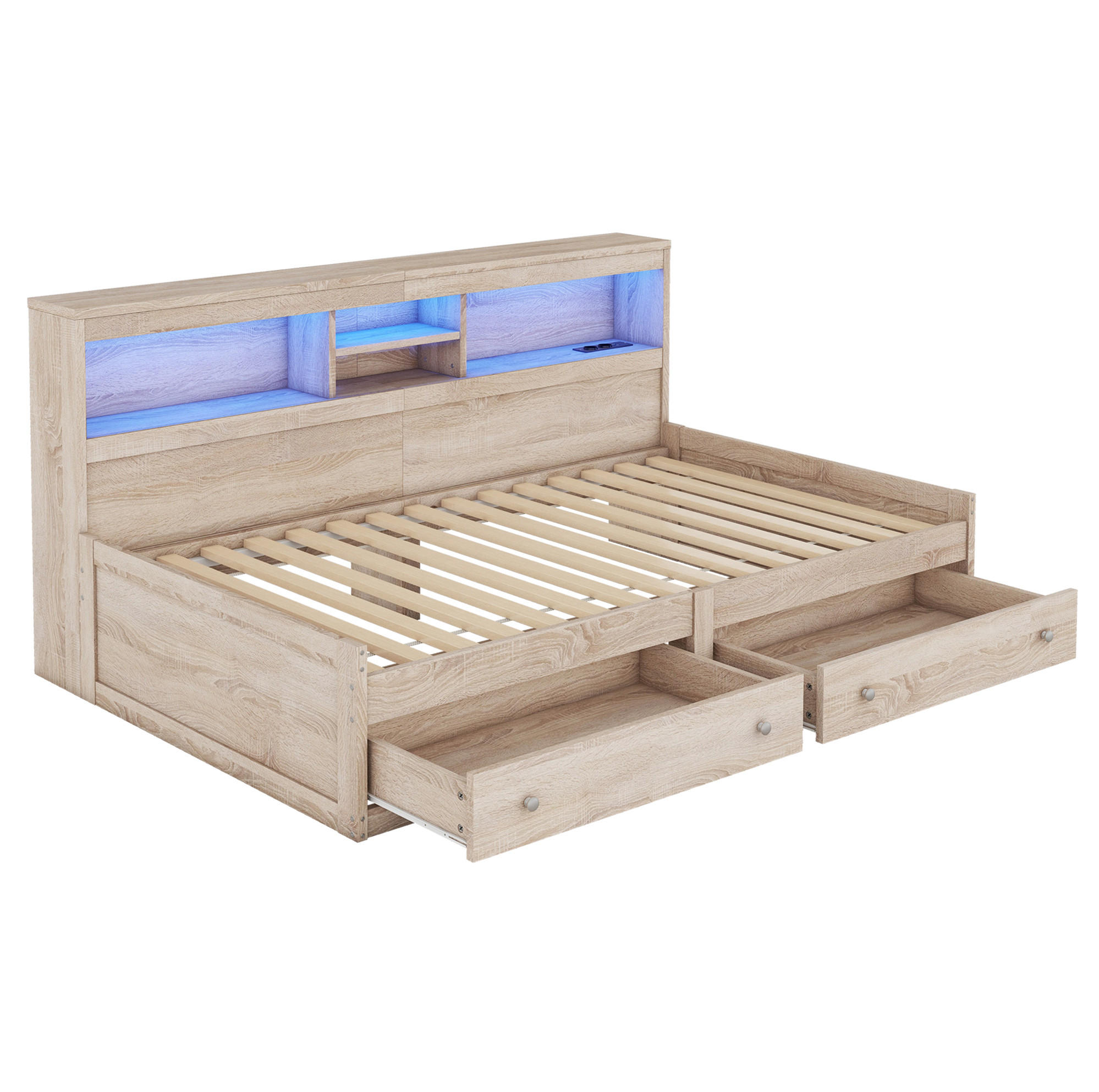 Modfu DENNÍ postel z dřevotřísky a MDF 90x200 cm přírodní s LED osvětlením, USB porty, zásuvkami a úložným prostorem