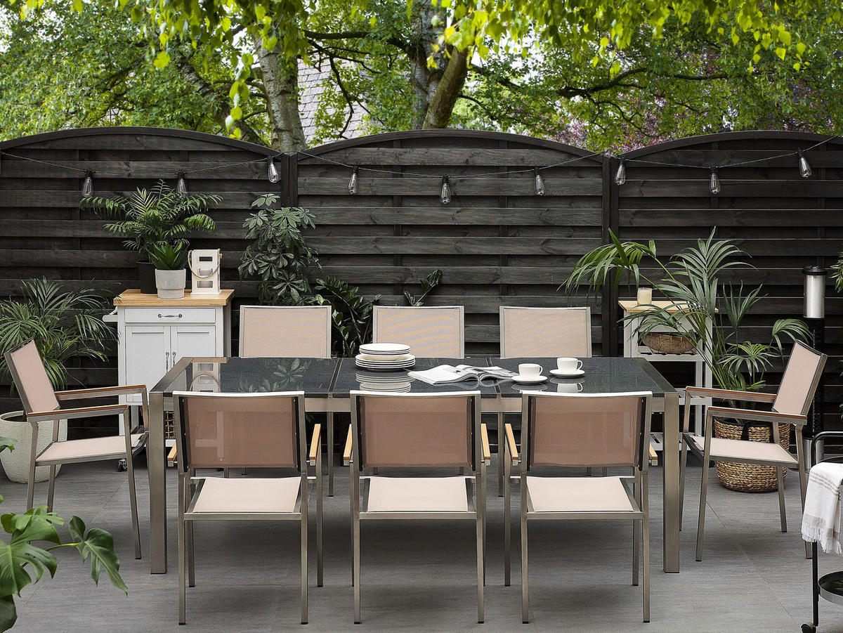 GARTENMÖBEL SET 8-Sitzer Granit grau poliert Textilbespannung beige Grosseto - Beige/Silberfarben, Metall - Beliani