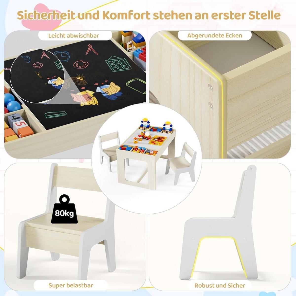 KINDERTISCH-STUHL-SET mit Stauraum Holzoptik mit Weiß 2-teiliges Set - Creme, Holzwerkstoff (48/48/80cm)