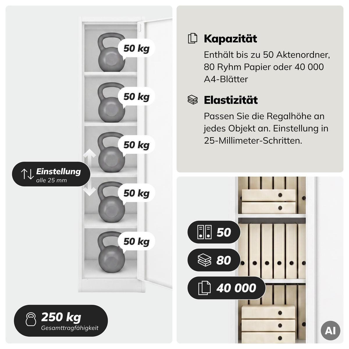 AKTENKABINETT ALEX D600 - Weiß, Metall (45/185/60cm) - Jan Nowak