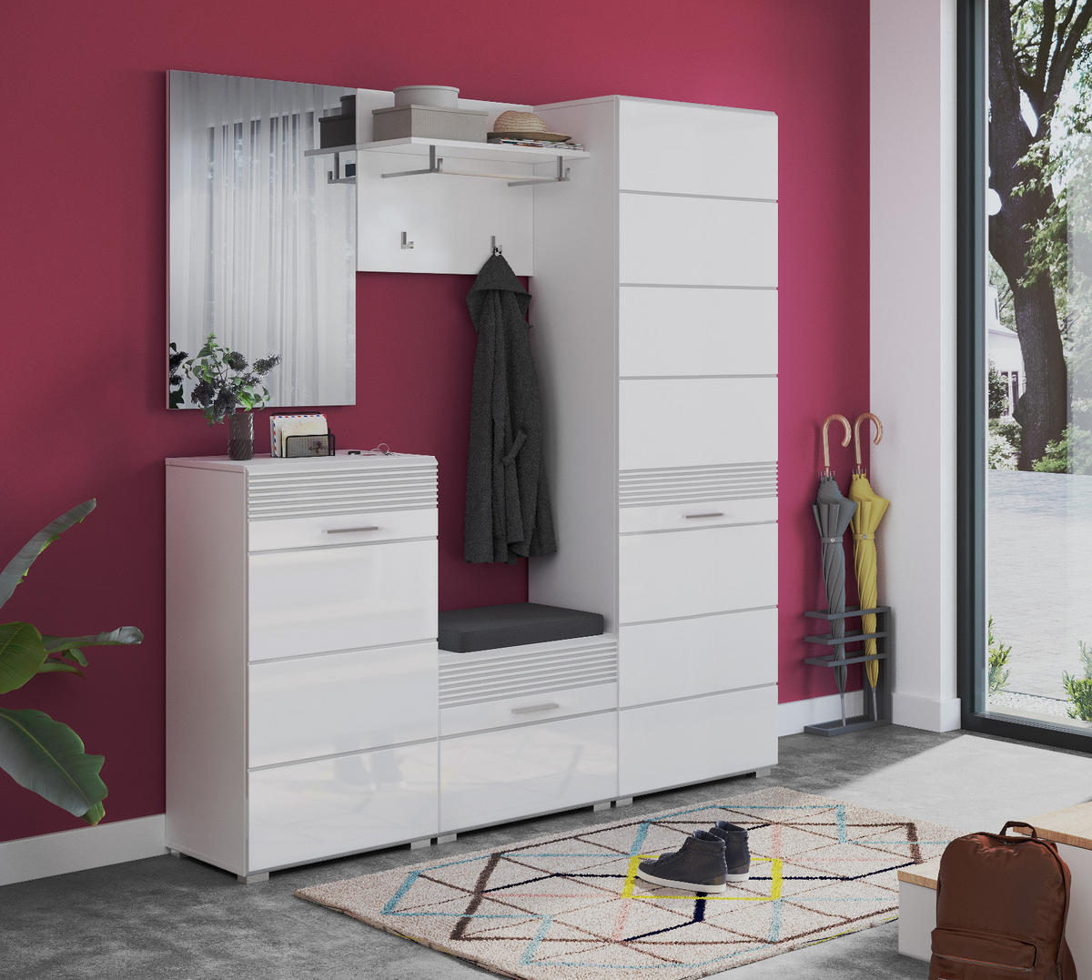 GARDEROBEN-SET weiß Hochglanz 5-teilig 170 cm mit Spiegel, Garderobenkombination - Weiß Hochglanz/Silberfarben, Holzwerkstoff/Kunststoff (170/190/37cm) - Inn.Furn