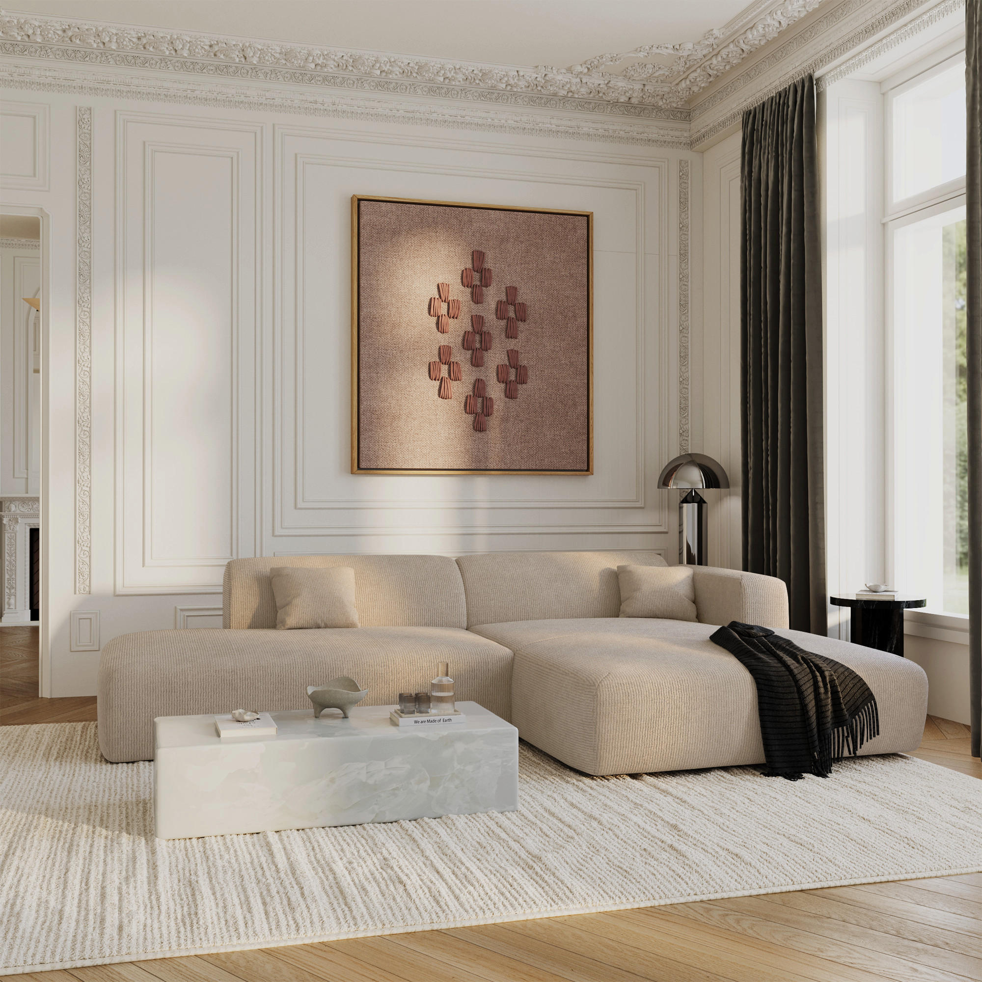 ECKSOFA RECHTS Gerippter Samt Beige 310cm - Beige, Textil (300/96cm) - Sia Home