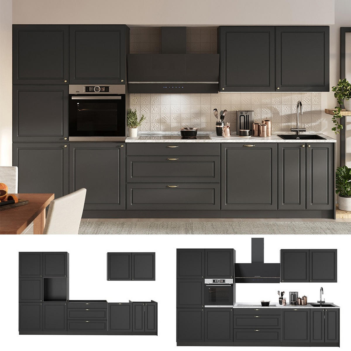 KUCHYŇSKÝ KOUT Fame-Line, Anthrazit-Gold Landhaus/Antracit, 340 cm, PD Dub - antracitová, kompozitní dřevo (340/206.8/60cm) - Vicco