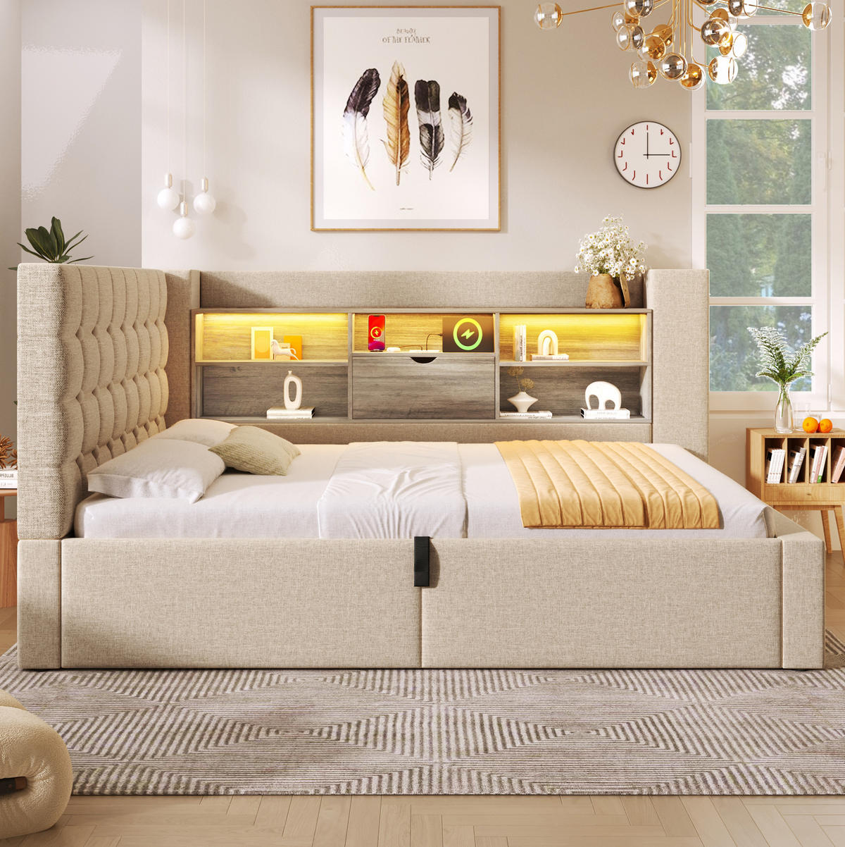POLSTERBETT 140/200 cm mit LED-Beleuchtung, USB-Anschlüssen, hydraulischem Stauraum und flexiblem L-Kopfteil, Beige - Beige, Textil (140/200cm) - Redom
