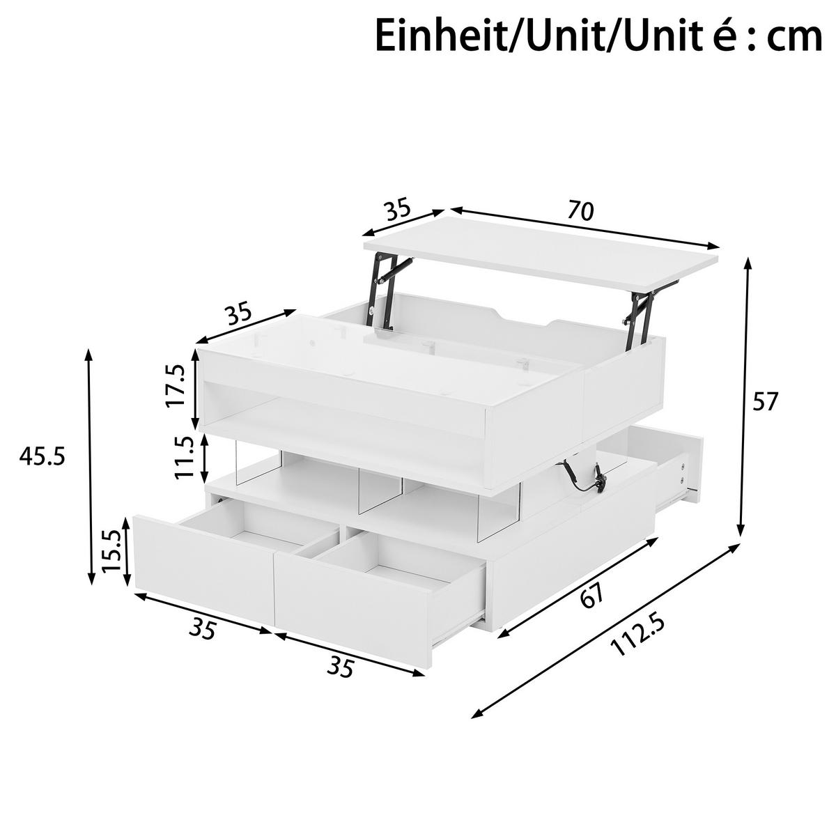 COUCHTISCH in Weiß Wohnzimmertisch höhenverstellbar mit 16-farbiger LED-Beleuchtung, B70/T67/H57cm - Weiß, Glas/Holzwerkstoff (67/70/57cm) - STILVORA