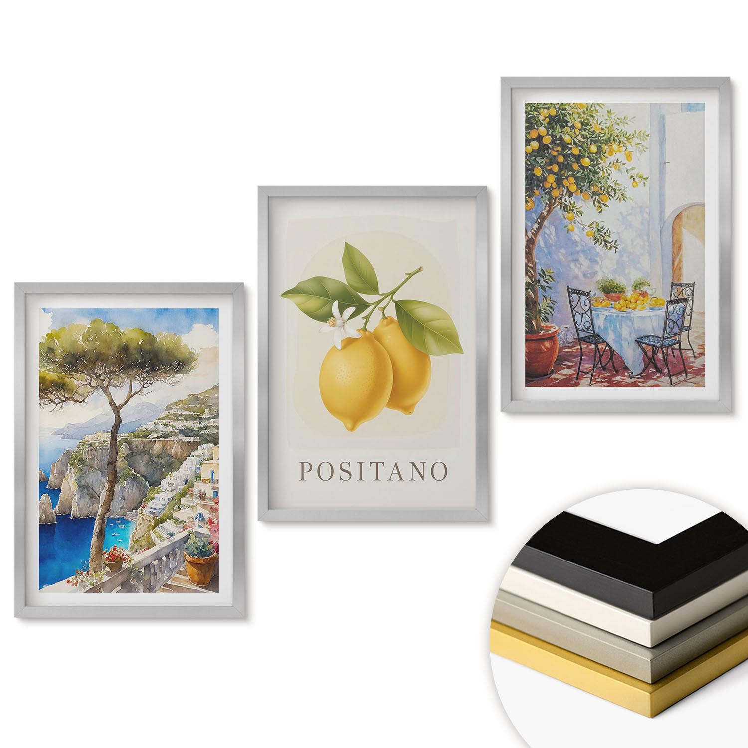 WANDBILDER 3er Set - 40x60 cm Silberner Rahmen - Ansichten von Positano mit Zitronen - Silberfarben, Kunststoff (40/60cm) - ArtPrintCave