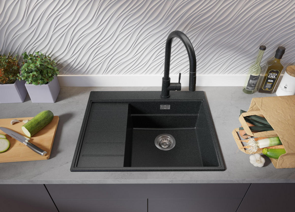 SPÜLBECKEN Sydney, 2-er set Anthrazit 62/50 cm 1 Becken + Ablauf-Set + Küchenzubehörset ab 45er Unterschrank - Chromfarben/Anthrazit, Kunststoff (62/20/50cm) - Primagran