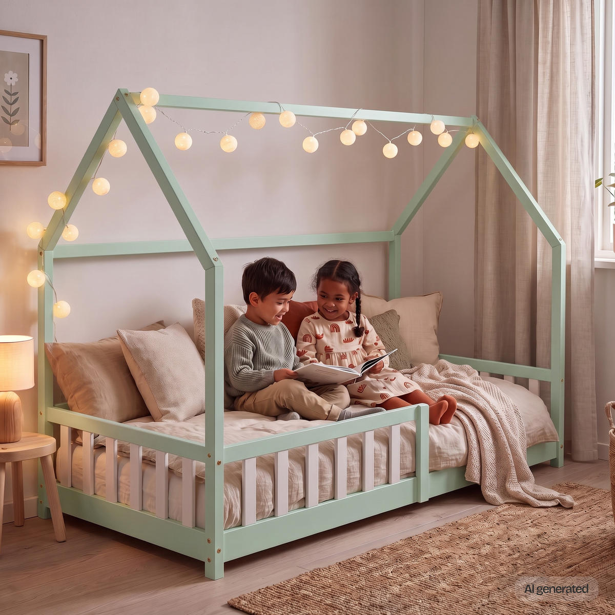 HAUSBETT Hesel - Weiß/Mintgrün, Holz (90/200cm) - [en.casa]