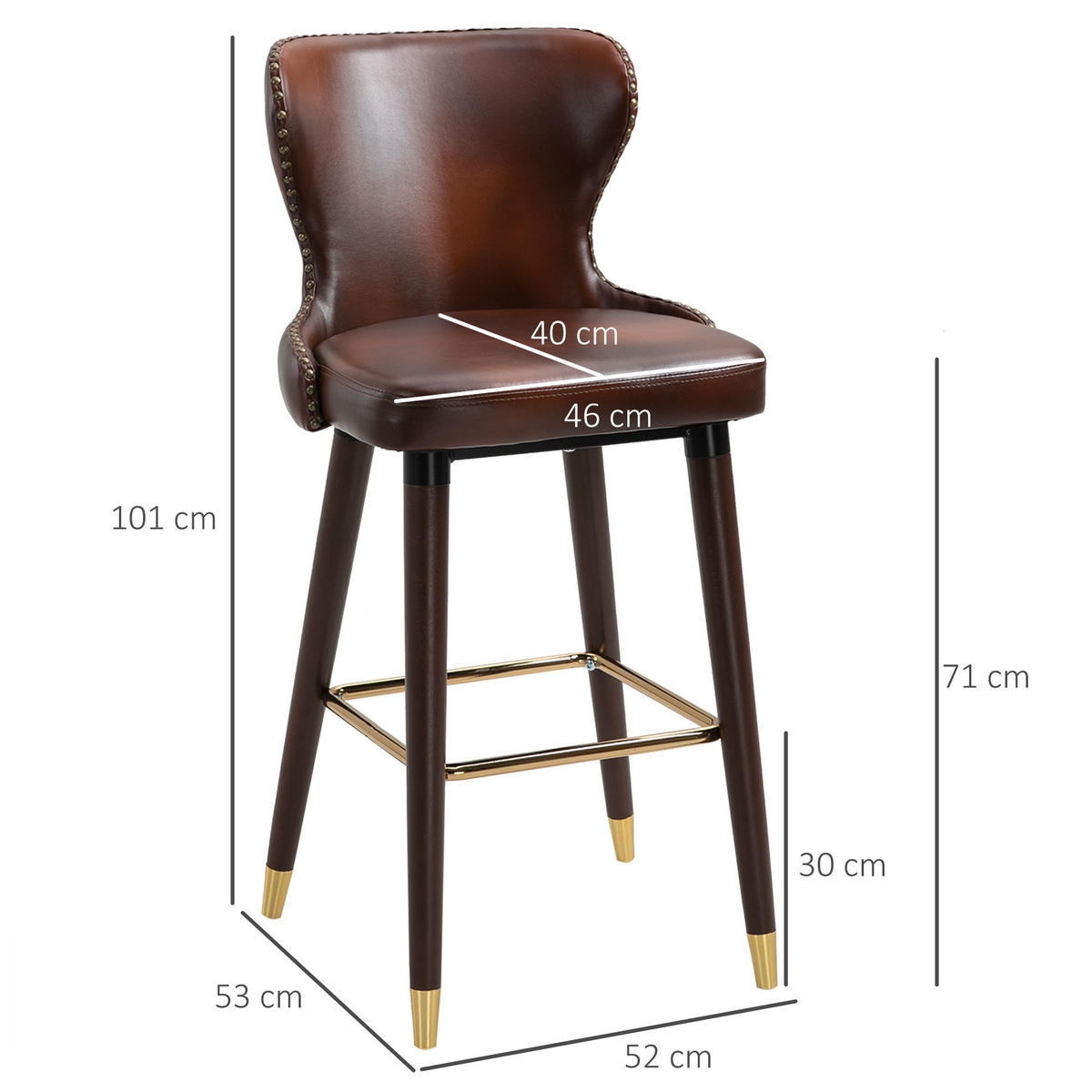 BARHOCKER, Holz, Metall Kunstleder Braun - Braun, Holz (53/101/52cm) - HOMCOM