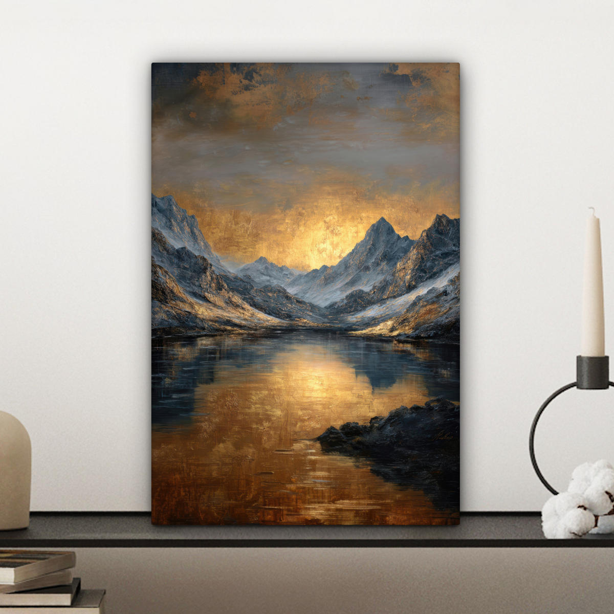 LEINWANDBILD Bergkulisse mit goldenem Sonnenuntergang Deko Wohnzimmer 20x30 cm - Goldfarben, Textil (20/30cm) - MuchoWow
