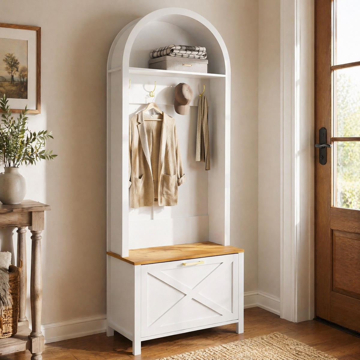 GARDEROBE 75/195/35 cm Weiß/Holzfarben aus MDF mit Schuhfach und Haken - Weiß, Holzwerkstoff (35/195/75cm) - OKMYHOME