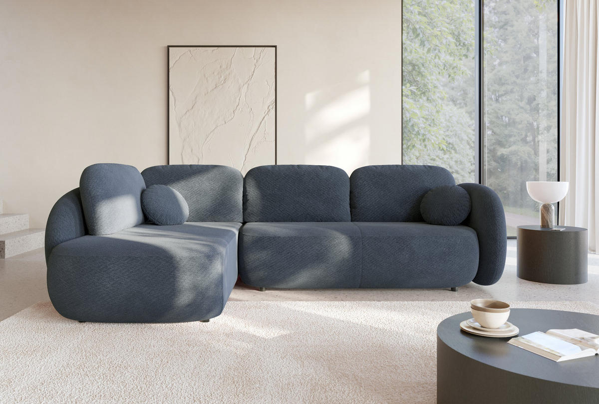 ECKSOFA AMICO II L-S Blau Geflochtener Stoff mit Schlaffunktion - Blau, Holz (289/190cm) - MASSENO