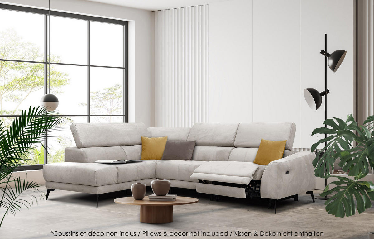 ECKSOFA LARS 5-Sitzer, 1 Relax, verstellbare Kopfstützen, beige - Beige/Schwarz, Holzwerkstoff/Textil (284/201cm) - Courtois Laville