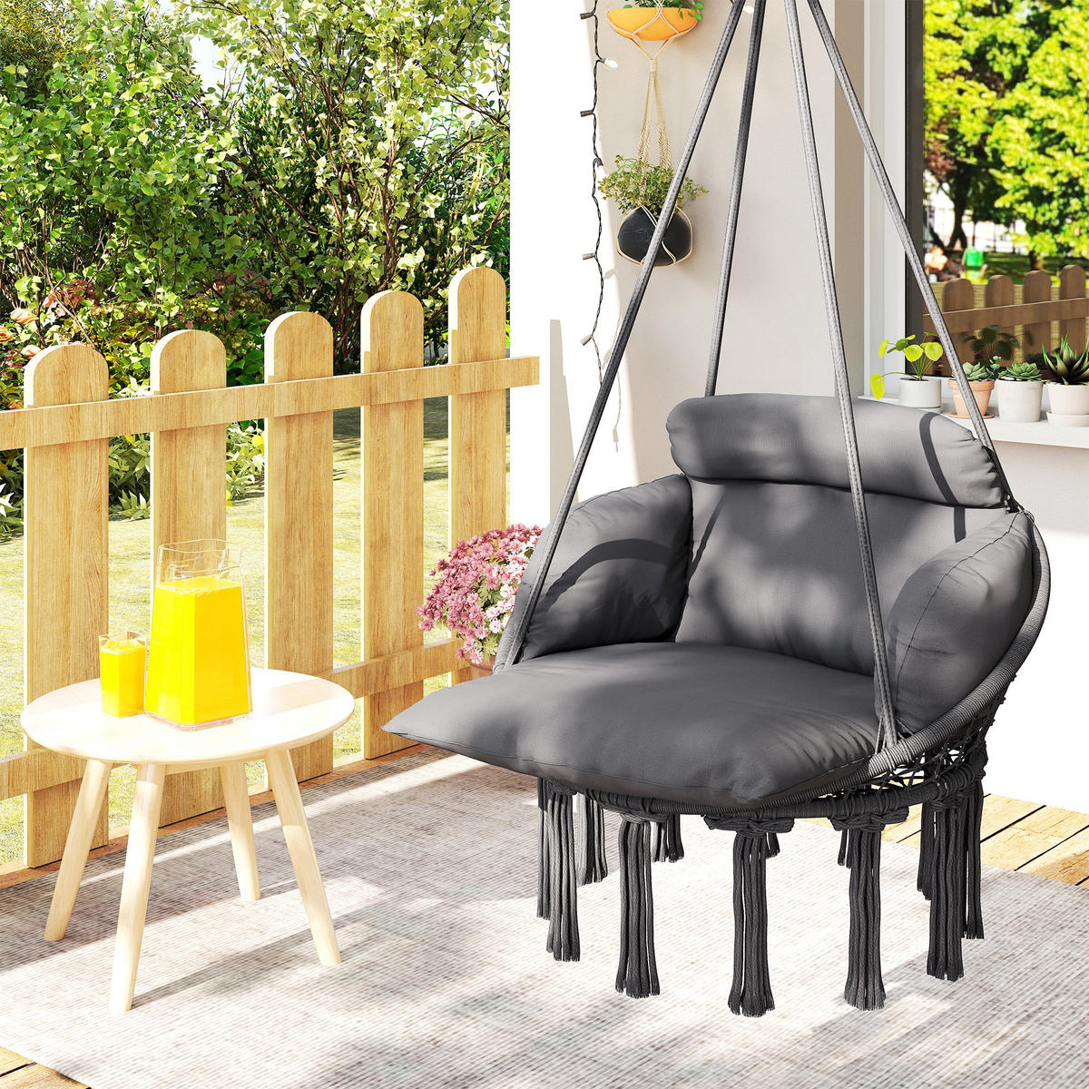 HÄNGESESSEL DE-15321 80/60/40 cm mit Polster und Fransen Dunkelgrau - Dunkelgrau, Metall (60/40/80cm) - ComfortXL