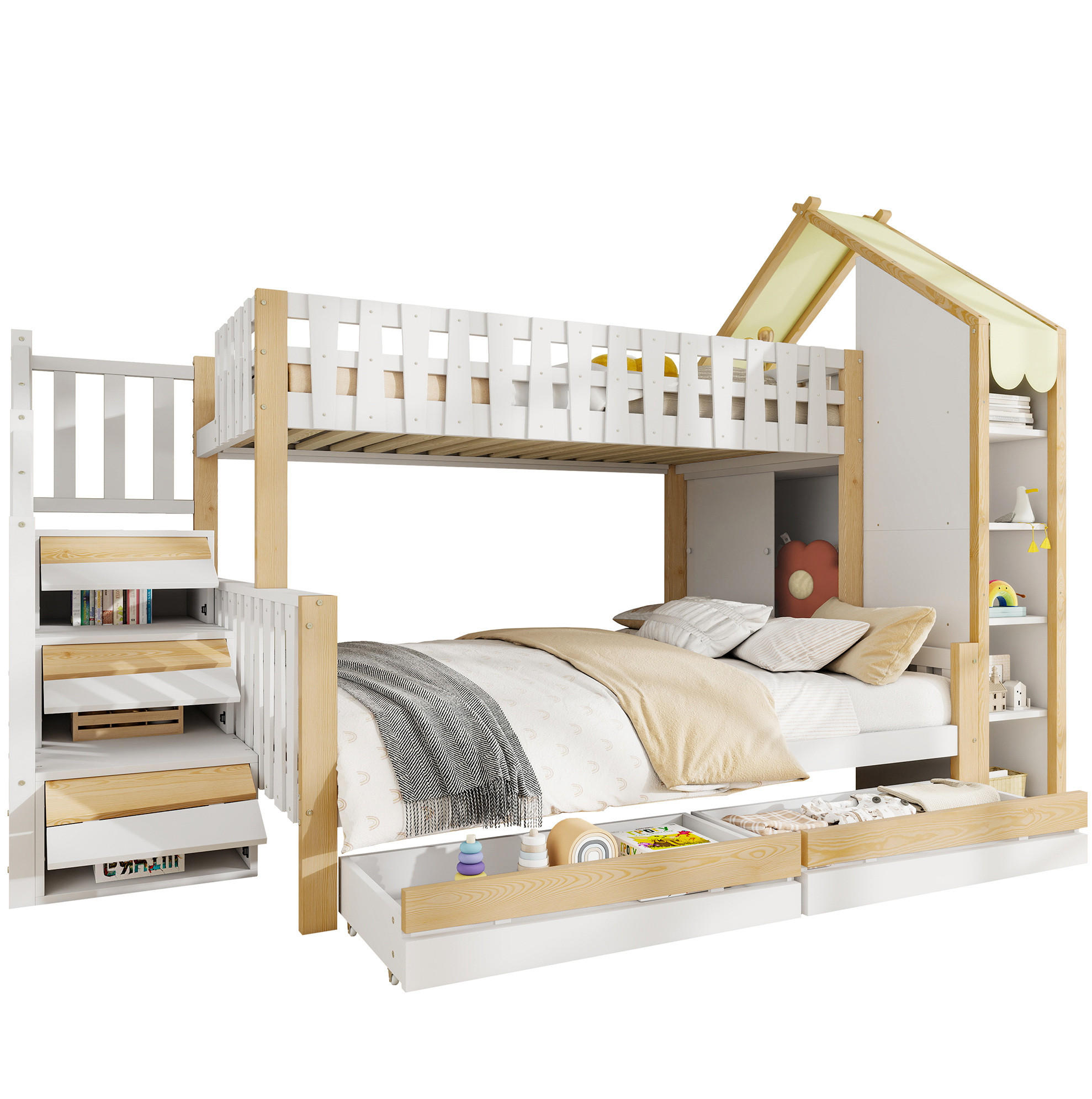 ETAGENBETT aus Kiefernholz 90x200/140x200 cm Weiß/Natur mit Stauraumleiter, 2 Schubladen und Hausdach - Weiß, Holzwerkstoff (90/200cm) - Modfu