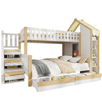 ETAGENBETT aus Kiefernholz 90x200/140x200 cm Weiß/Natur mit Stauraumleiter, 2 Schubladen und Hausdach - Weiß, Holzwerkstoff (90/200cm) - Modfu
