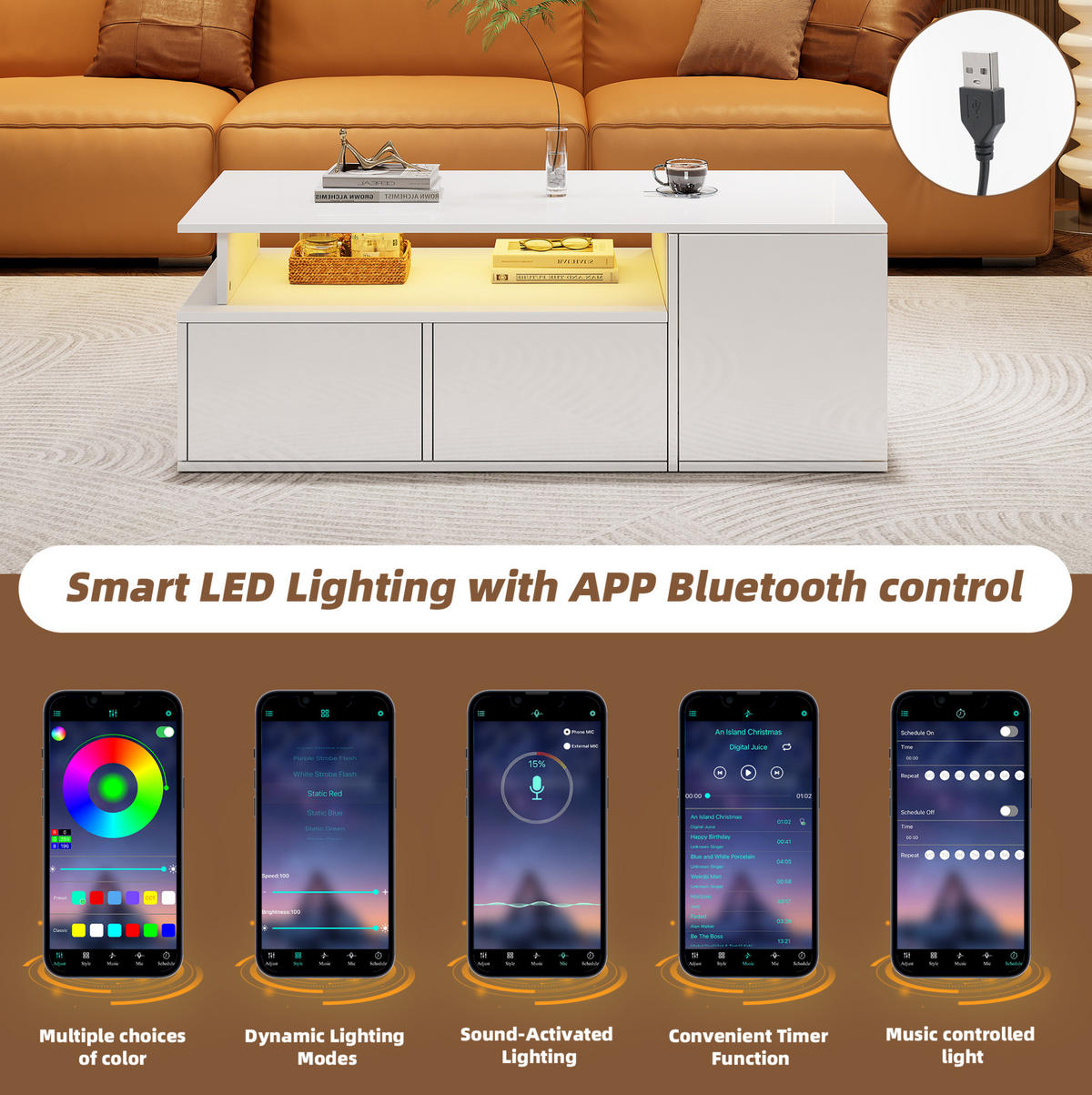 COUCHTISCH 100/50/35 cm weiß aus Spanplatte mit LED und 2 Schubladen - Weiß, Holzwerkstoff (100/50/35cm) - OKMYHOME