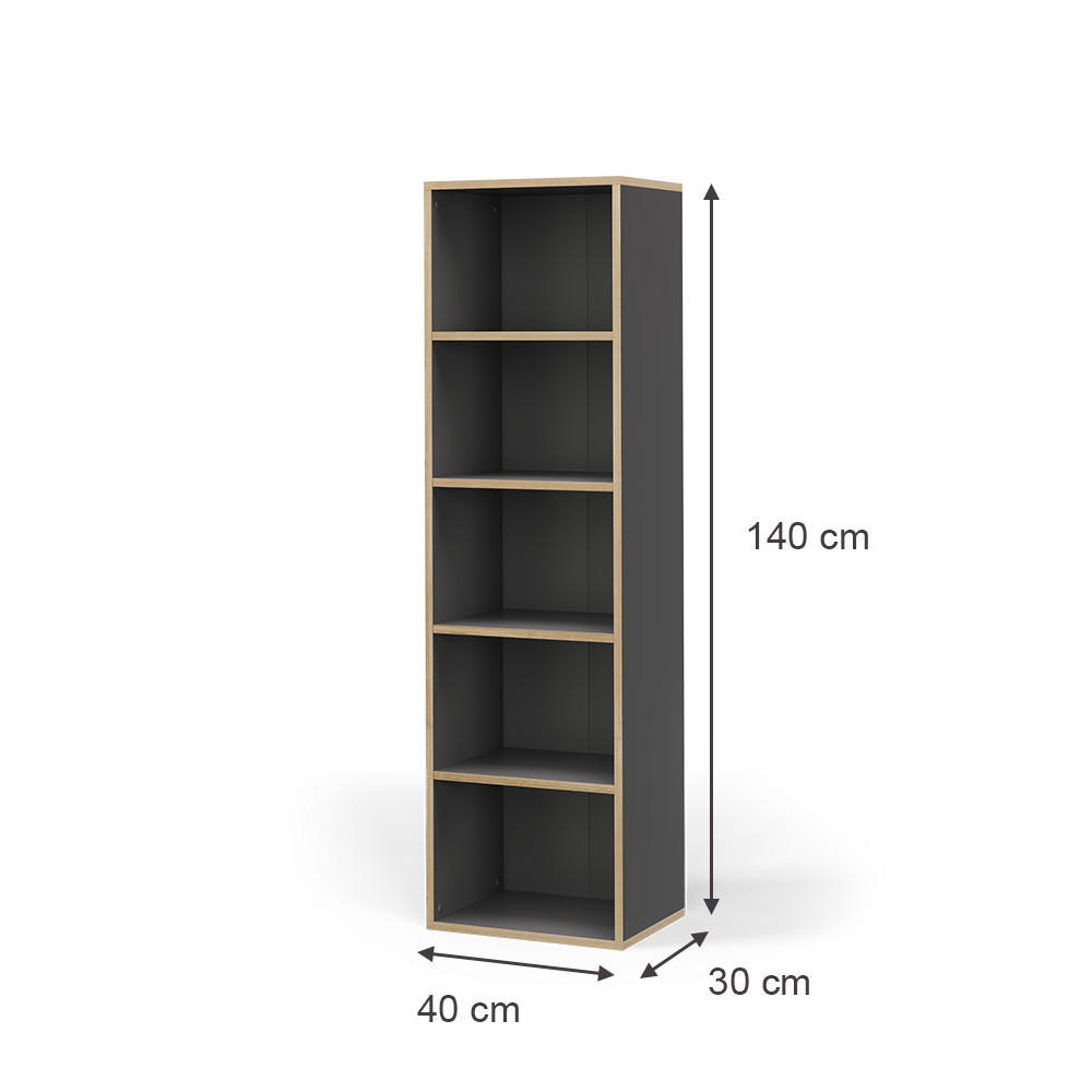 BÜCHERREGAL Tetrix Anthrazit 40 x 140 cm mit 5 Fächern - Anthrazit/Beige, Holzwerkstoff (40/140/30cm) - Vicco