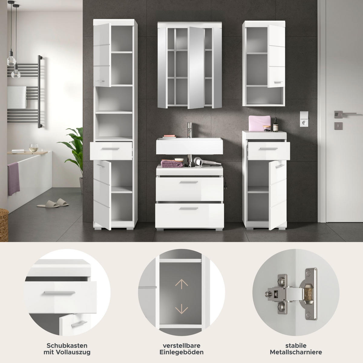 BADKOMBINATION 5tlg. Scout Bad in weiß Nachbildung und weiß hochglanz B/H/T: 164x191x34 cm - Weiß, Holz (164/191/37cm)