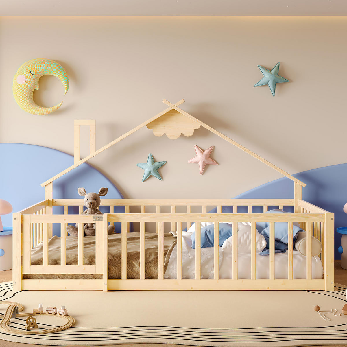 FLACHBETT 90/190 cm Natur Kiefernholz mit Geländer und Schloss - Naturfarben, Holz (90/190cm) - OKWISH