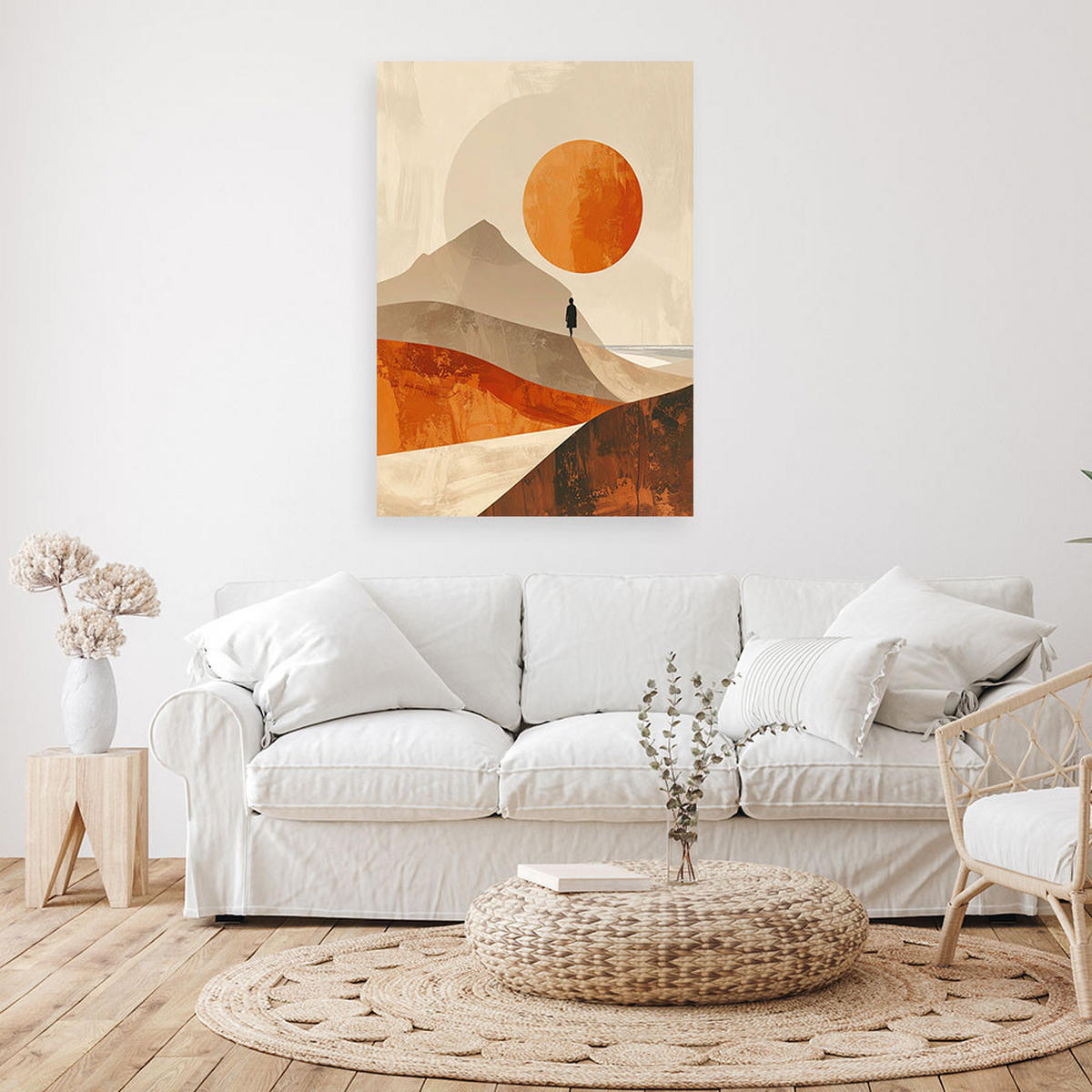 BILD auf Leinwand, Eine minimalistische Landschaft mit Bergen und einer orangefarbenen Sonne. - Orange, Textil (80/120cm) - Feeby