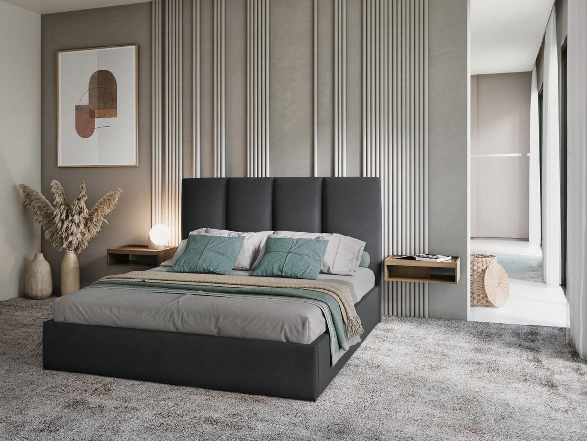 BETT mit Bettkasten und Kopfteil Pyla aus Samt dunkelgrau 140x200cm - Dunkelgrau, Textil (140/200cm) - Micadoni