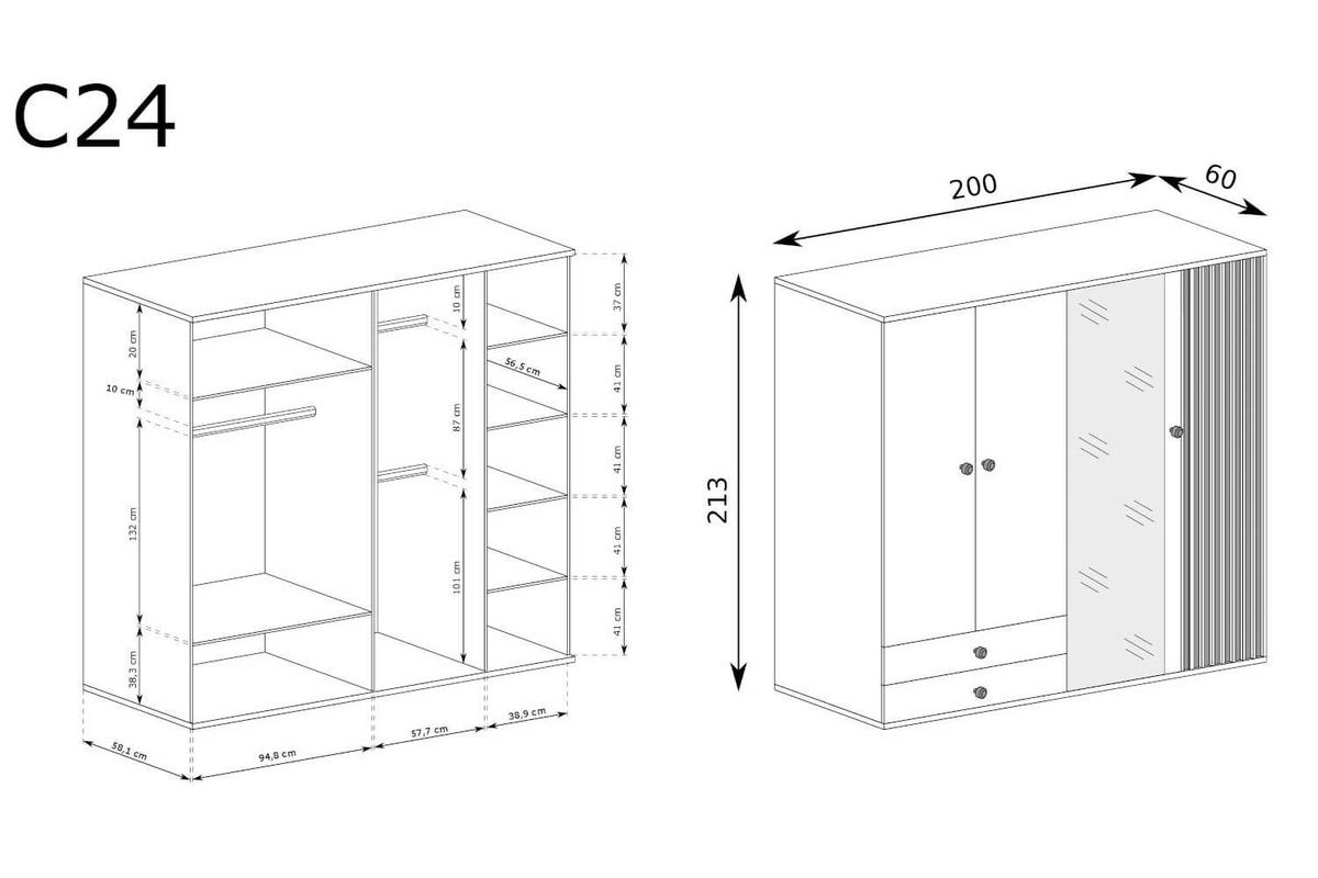 KLEIDERSCHRANK CALI C-24 - Eiche Artisan, Holzwerkstoff (200/213/60cm) - Meblini