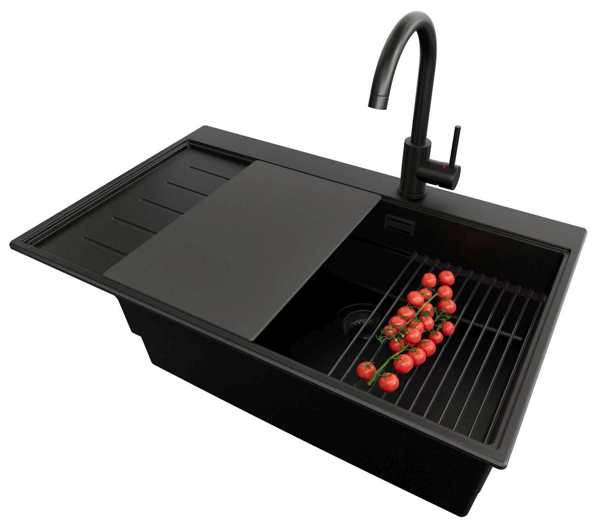 GRANITSPÜLE Sydney, 2-er set Alles Schwarz 78/50 cm 1 Becken + Küchenarmatur 32/20 cm + Ablauf-Set + Küchenzubehörset ab 60er Unterschrank - Schwarz, Kunststoff (78/20/50cm) - Primagran