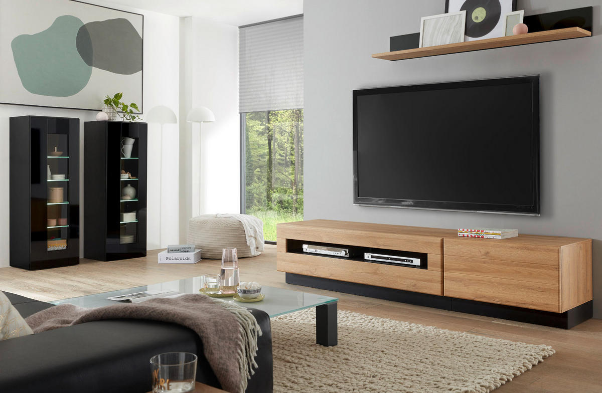 VITRINE schwarz Hochglanz, Grandson Eiche, Vitrinenschrank hängend, stehend 45 x 131 cm - Schwarz Hochglanz/Eichefarben, Glas/Holzwerkstoff (45/131/38cm) - Furn.Design