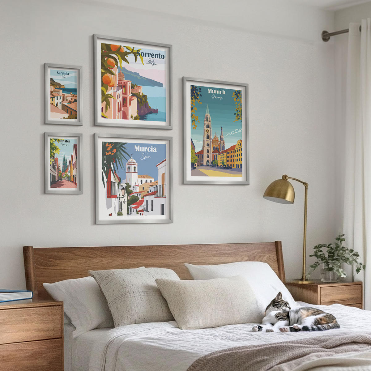 WANDBILDER 5er Set - 50x50 cm & 20x30 cm & 40x60 cm Silberner Rahmen - Retro-Stadtillustrationen - Silberfarben, Kunststoff (40/60cm) - ArtPrintCave