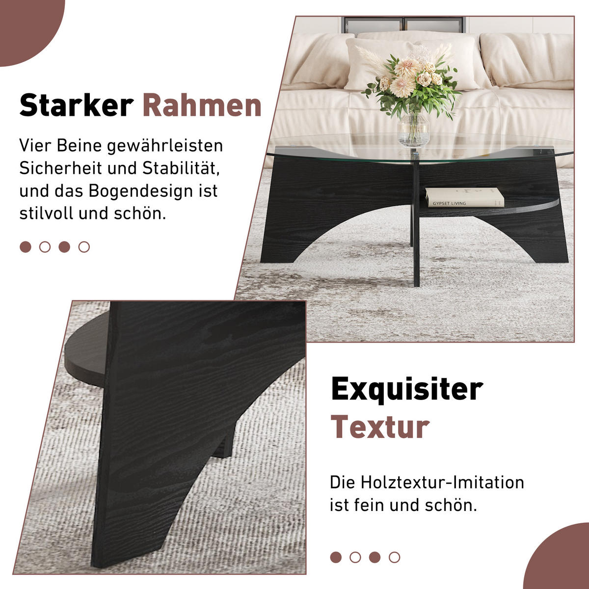 COUCHTISCH in Schwarz Moderner ovaler Beistelltisch mit Holzoptik für Esszimmer und Wohnzimmer, B104.9/T60/H35.6 cm - Transparent/Schwarz, Glas/Holzwerkstoff (60/104.9/35.6cm) - STILVORA
