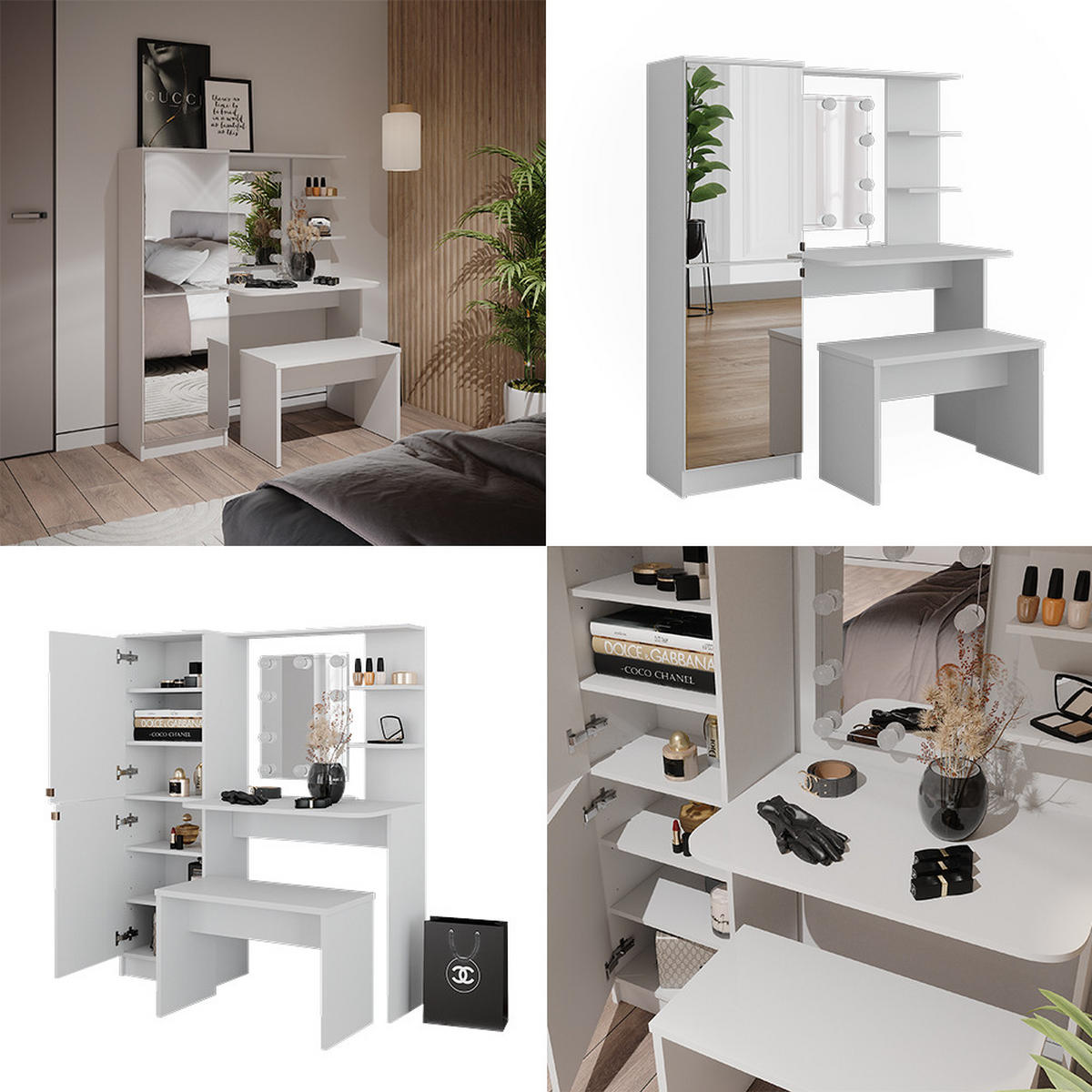 FRISIERKOMMODE Jasmin Weiß 123 cm mit LED-Beleuchtung und Bank - Weiß, Holzwerkstoff (123/141.2/33cm) - Vicco
