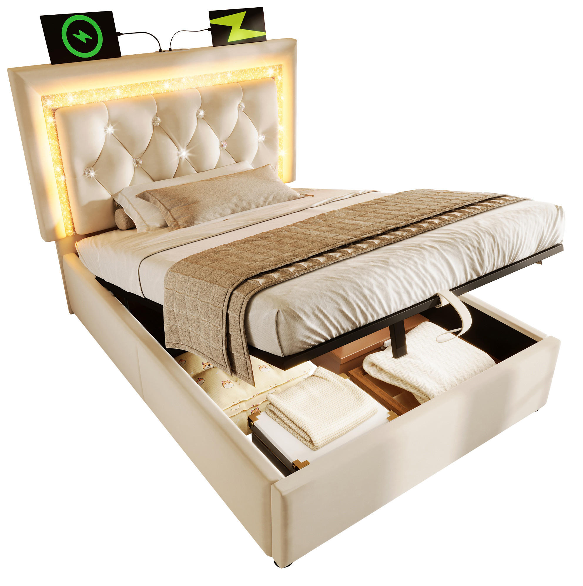 SAMT-POLSTERBETT 90/200 cm mit LED-Beleuchtung, Bettkasten und USB/Type-C - Beige, Textil (90/200cm) - BEAOK
