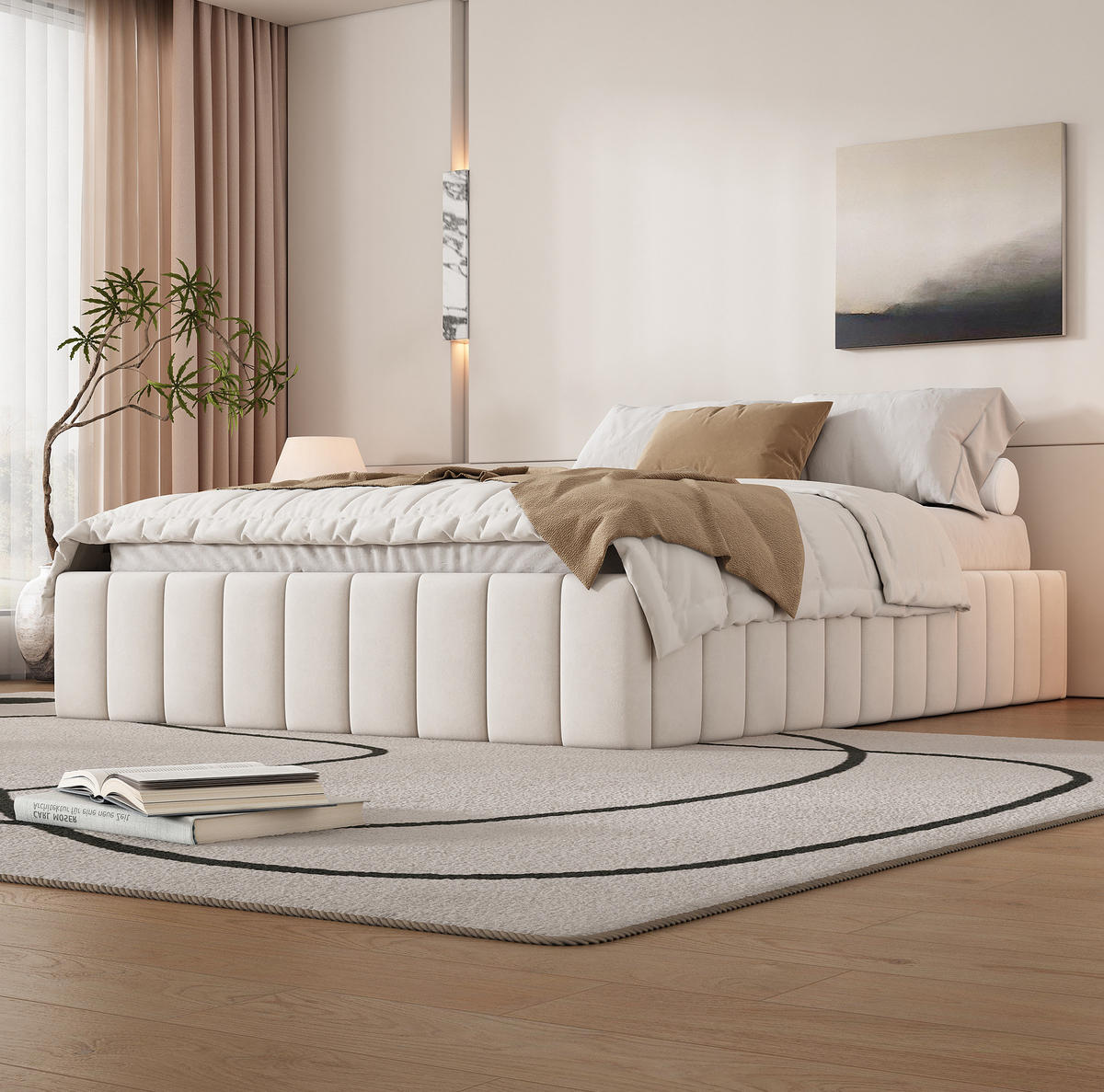 ČALÚNENÁ posteľ z velúru 140x200 cm béžová bez čela so 4 zásuvkami a lamelovým roštom - béžová, textil (140/200cm) - Modfu