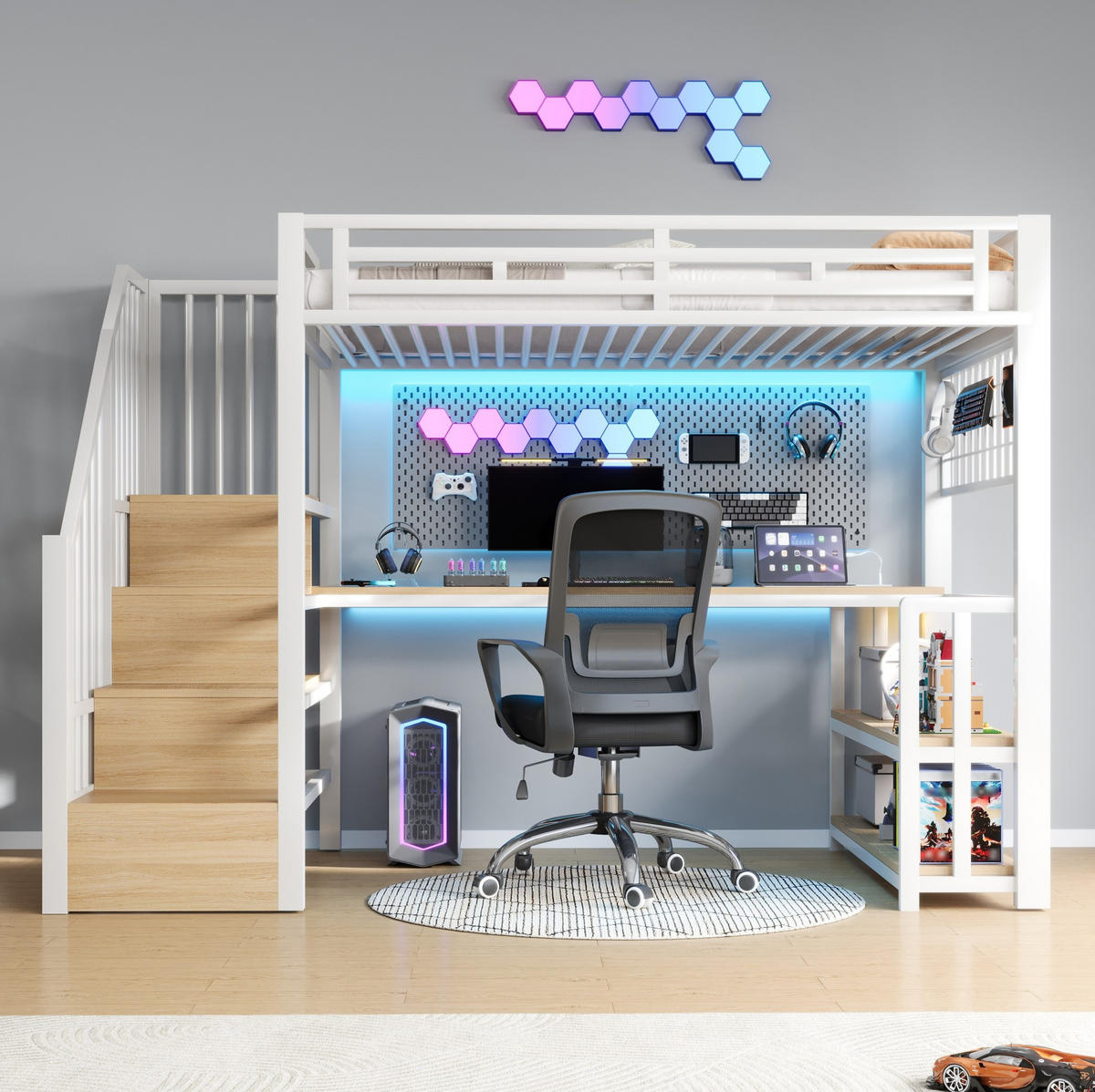 HOCHBETT 90/200 cm in Weiß mit Schreibtisch, Stauraumtreppe und LED - Weiß, Metall (90/200cm) - BEAOK