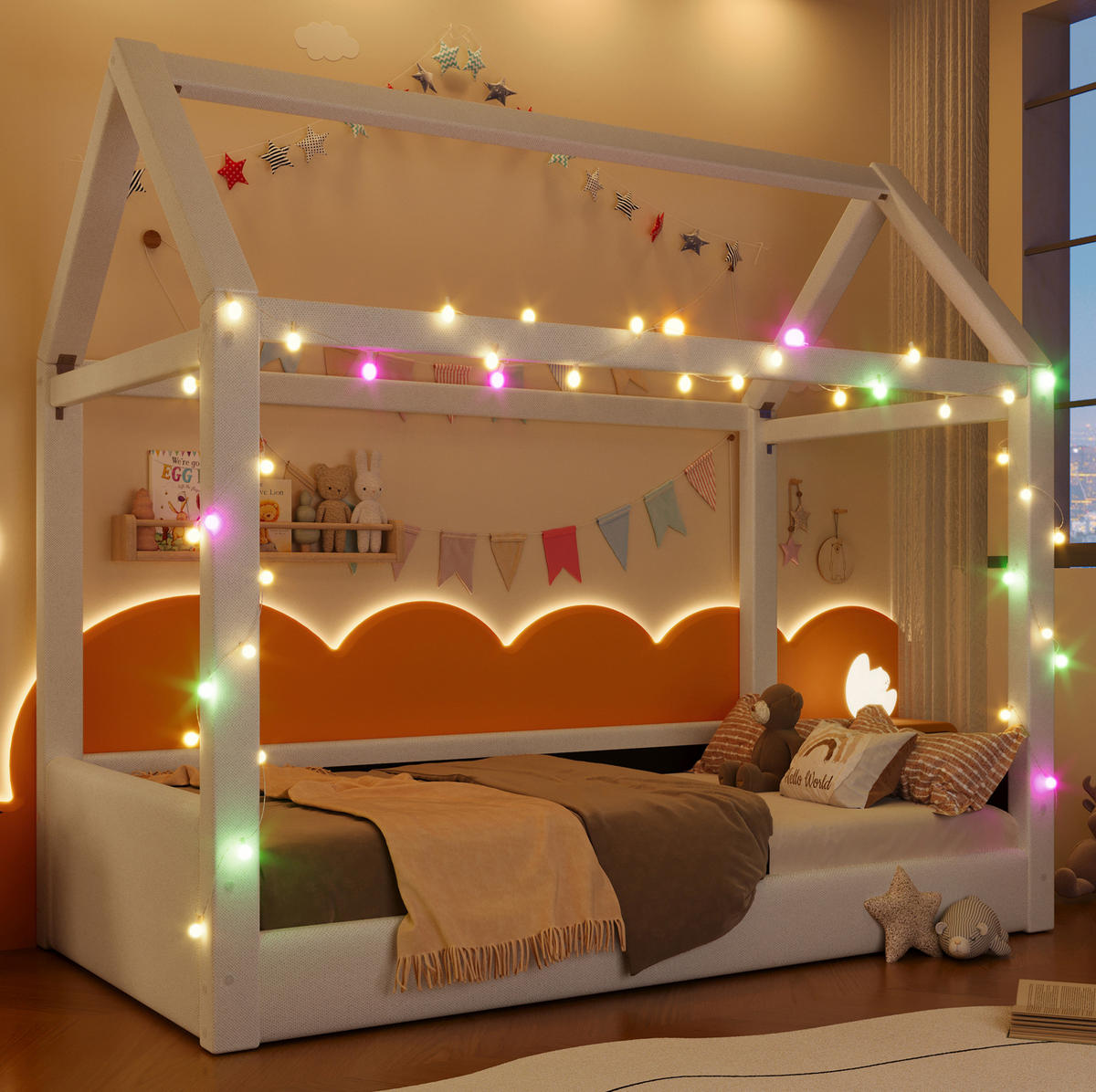 POLSTERBETT 90/200 cm Beige Hausbett mit LED-Beleuchtung - Beige, Textil (90/200cm) - OKWISH