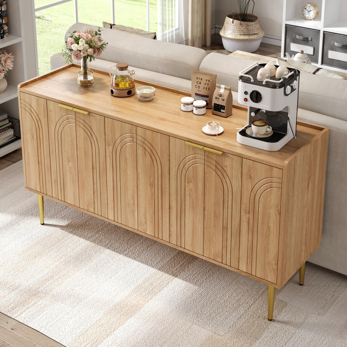 SIDEBOARD 140x75x38 cm, 4 Türen, Goldfüße, Naturfarben - Kastanienfarben, Holz (140/75/38cm)