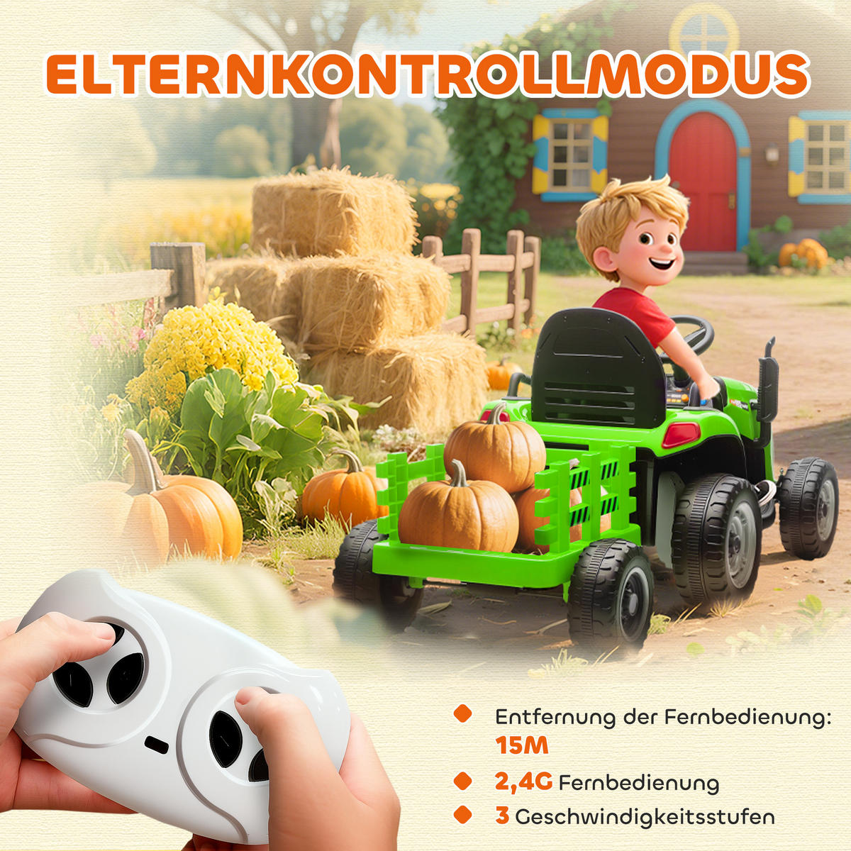 KINDER-ELEKTROTRAKTOR 3-Gang mit Anhänger, 2 Motor, für 3-8 Jahre, Grün - Orange, Metall (139/58/55cm) - AIYAPLAY
