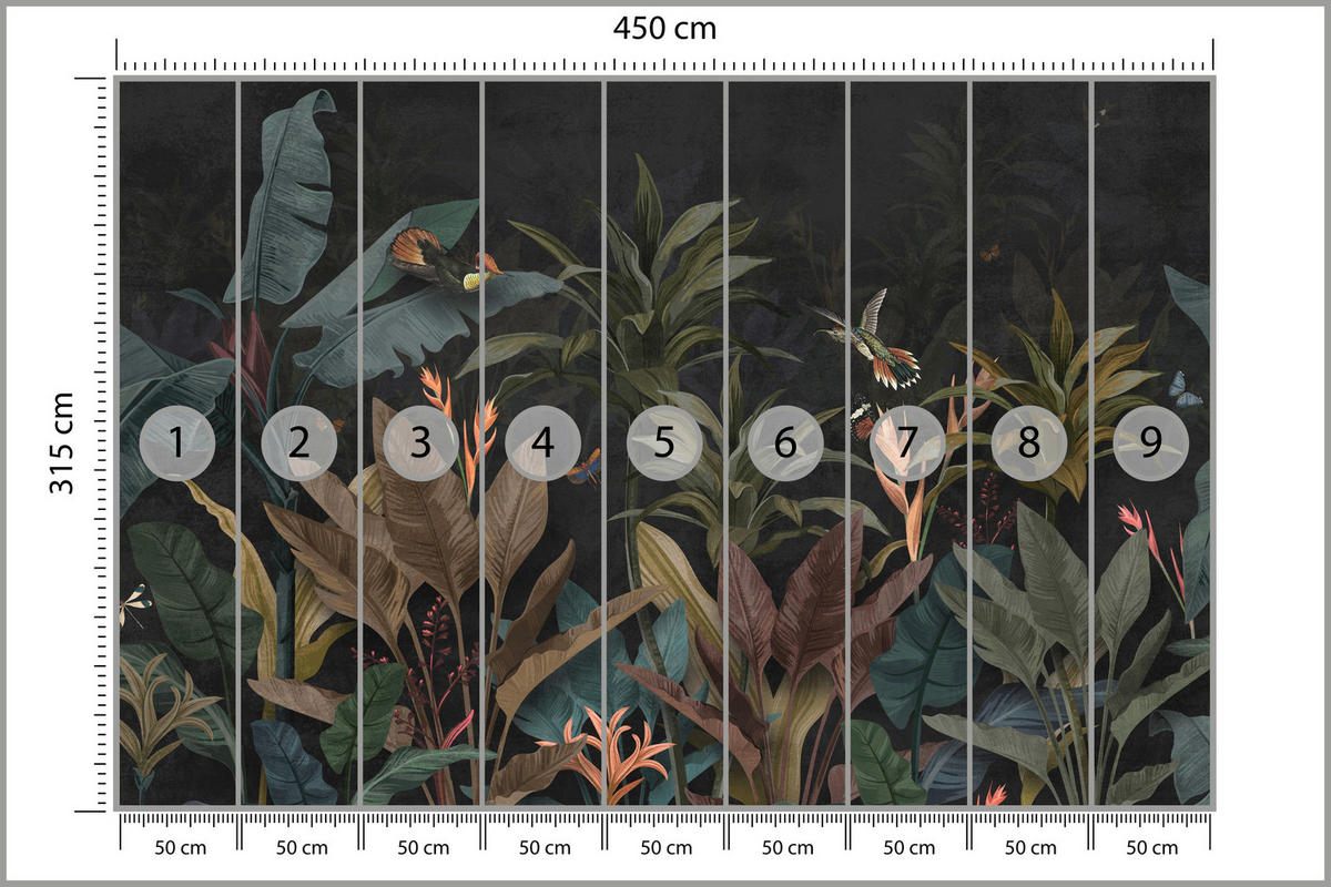 FOTOTAPETA Exotické Palmové Listy Tmavé Pozadie Hmyz Tropická 450 x 315 cm - oranžová/hnedá, papier (450/315cm) - Muralo