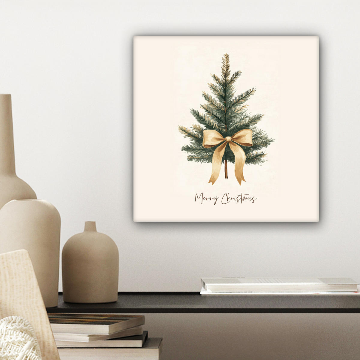 LEINWANDBILD Weihnachtsbaum - Weihnachten - Frohe Weihnachten - Beige Deko Wohnzimmer 20x20 cm - Sandfarben, Textil (20/20cm) - MuchoWow