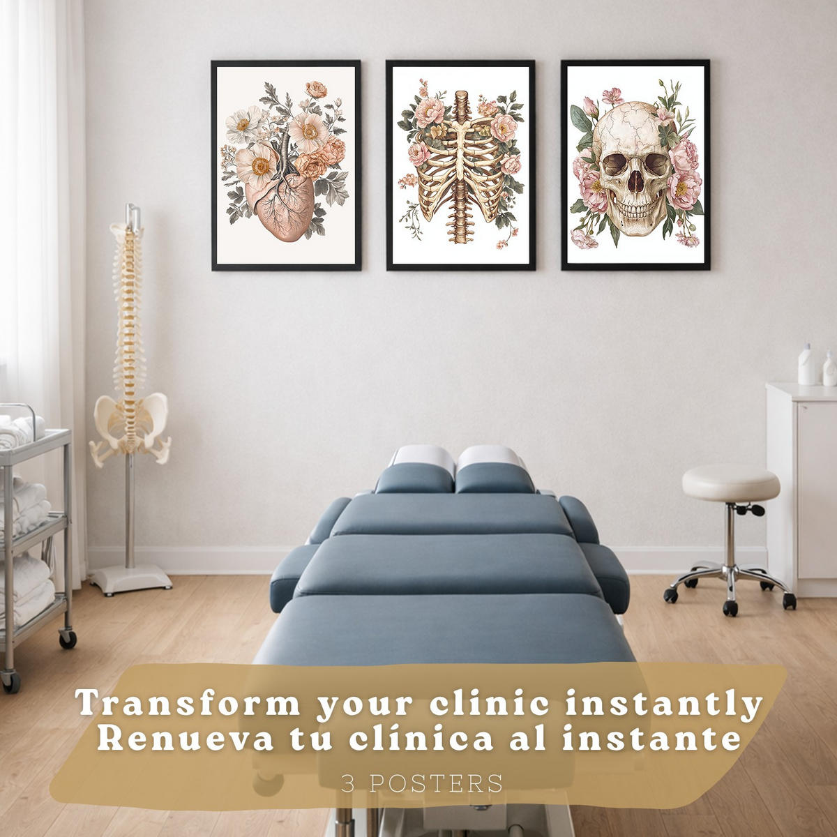 POSTER Set aus 3 Anatomie Mensch Florale Drucke und Wandbilder mit Herz Schädel und Brustkorb Weicher Vintage Stil Größe Schwarzer Rahmen A4 - Schwarz, Papier (21/29.7/3cm) - Nacnic