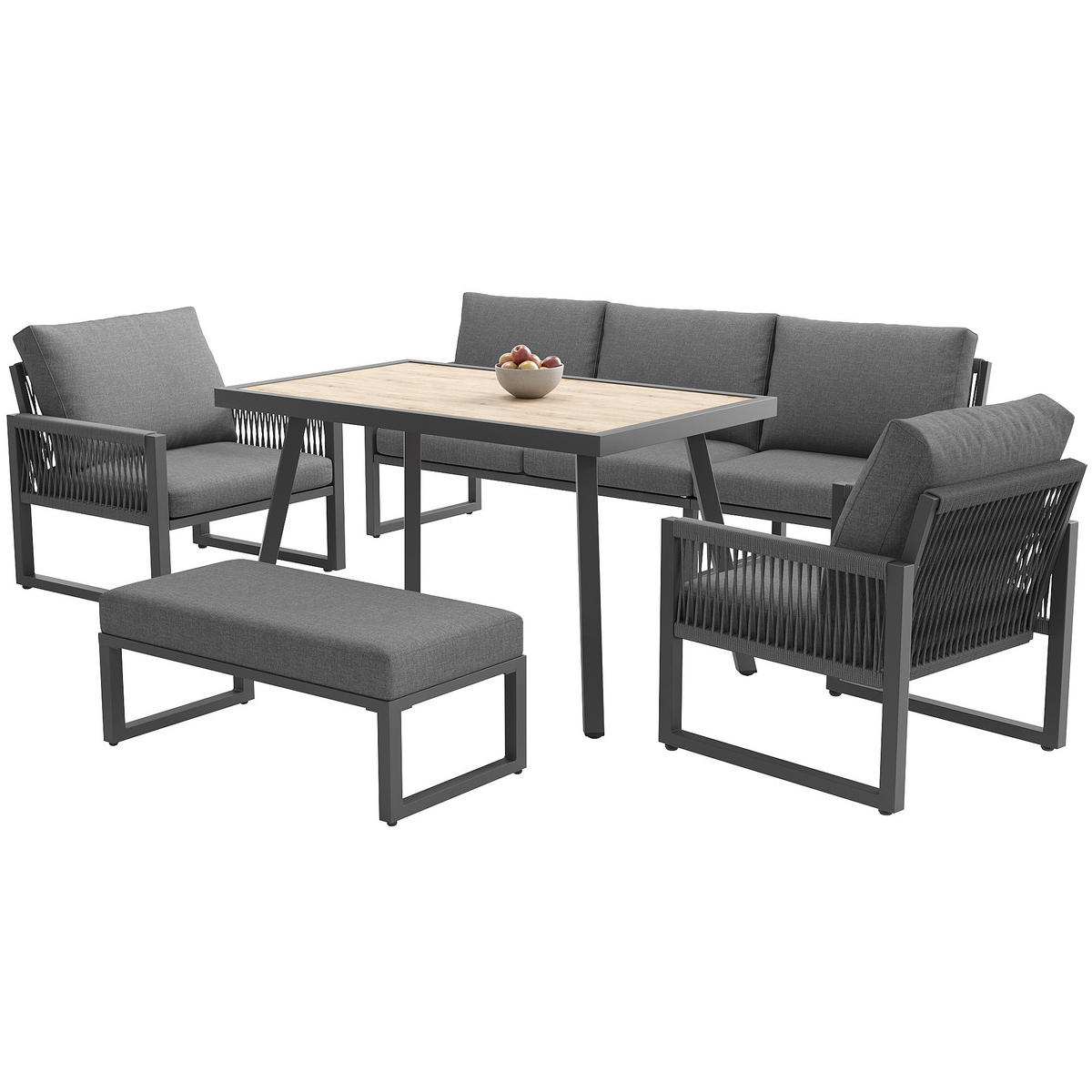 GARTENSET 6-7 Sitzer Grau Mit Großem Esstisch - Grau, Metall - FLIEKS