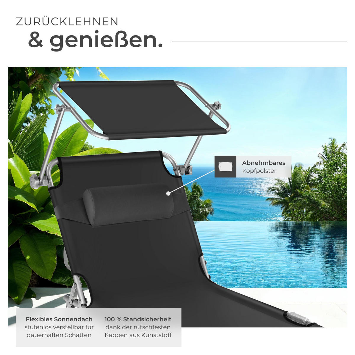 GARTENLIEGE Chloé,190 x 68 x 65 cm,schwarz - Schwarz, Kunststoff (68/65/190cm) - tectake