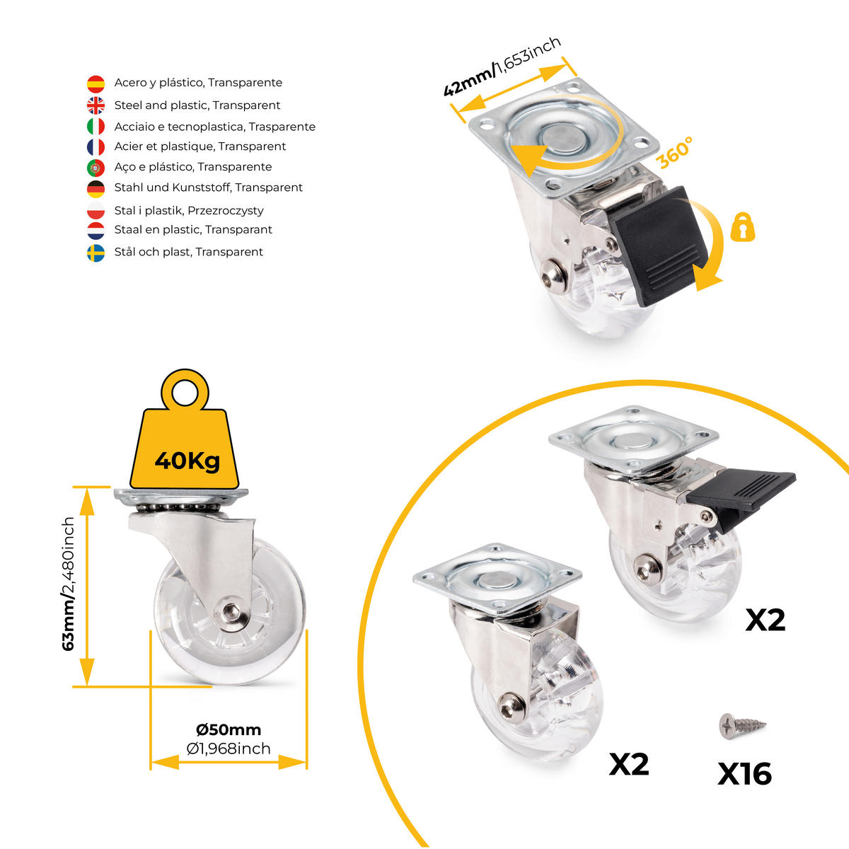 ROLLEN Transparente Slip mit Montageplatte, Durchmesser 50mm, Stahl und Kunststoff 4er-set - Multicolor, Metall (20/5/18cm) - EMUCA